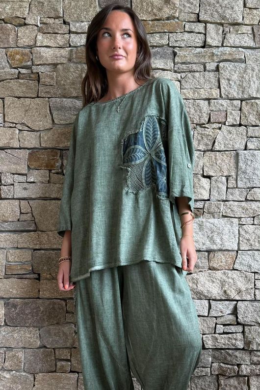 Lindin Linen Blend Crochet Flower Top Washed Khaki